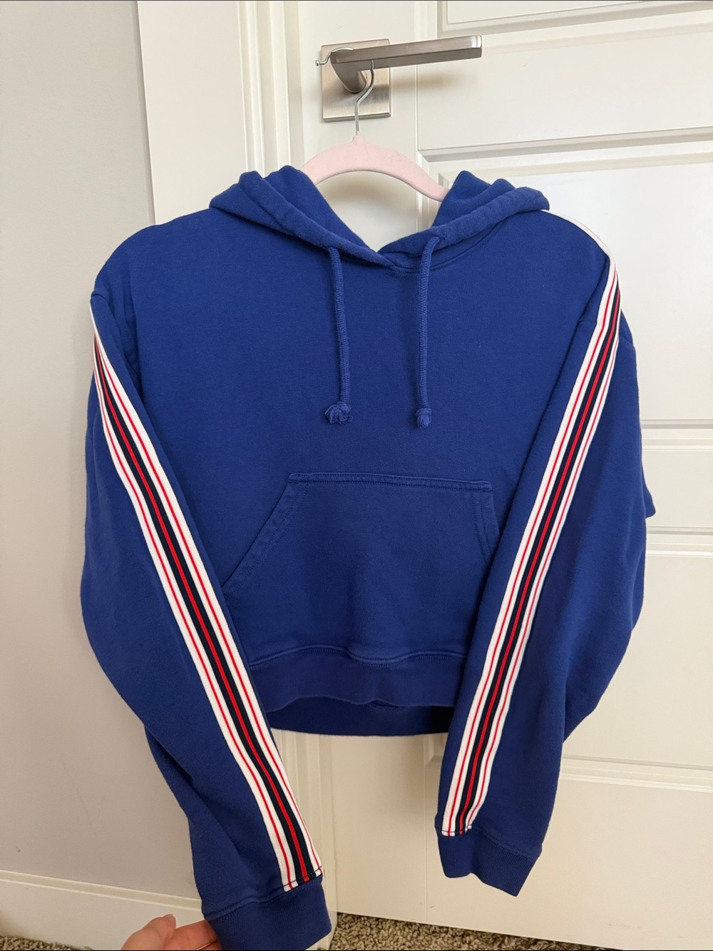 Aritzia TNA Blue Pullover Hoodie with Striped Sleeves